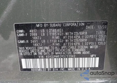 2024 Subaru Crosstrek Limited из США, поврежденный, VIN 4S4GUHM62R3753942